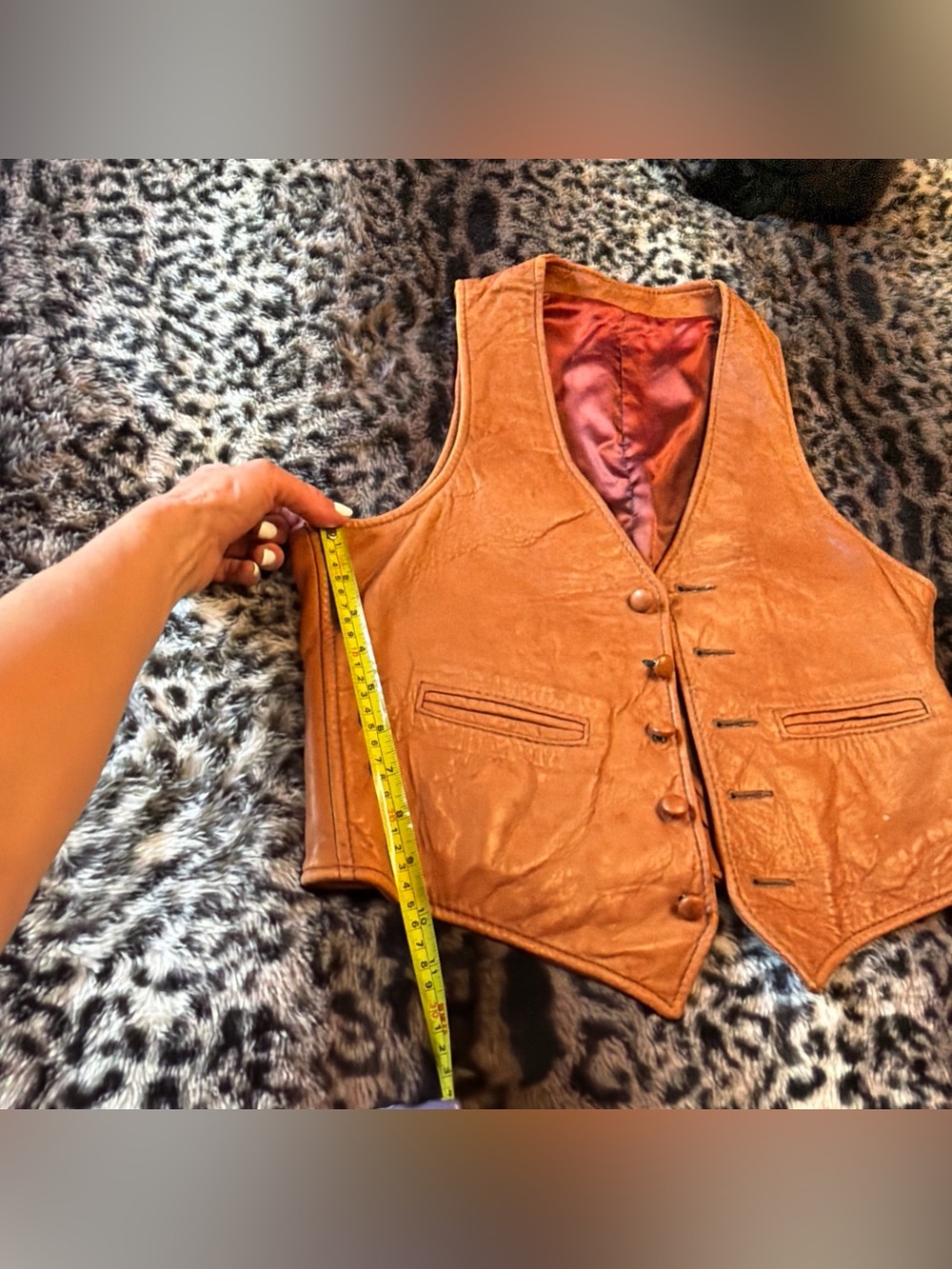 Brown Leather 5 Button Vest beautiful RARE Auburn SATIN lined Leather Vintage - Picture 11 of 14